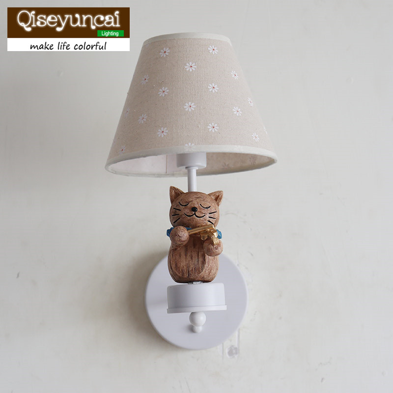 Qiseeuncai-미국 고양이 바이올린 연주, 어린이 방 벽 램프, 소년 소녀 침실 자카드 커버, 침대 머리맡 램프, 무료 배송